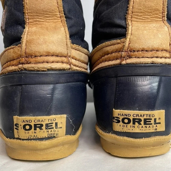 SOREL VINTAGE Duck Boots Navy Brown Leather Lined Ankle Lace Up Gorpcore Size 6 - Picture 3 of 14